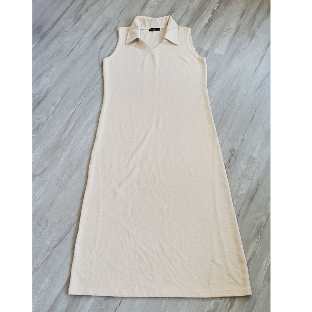 ACOST ribbed collared beige short sleeve dress